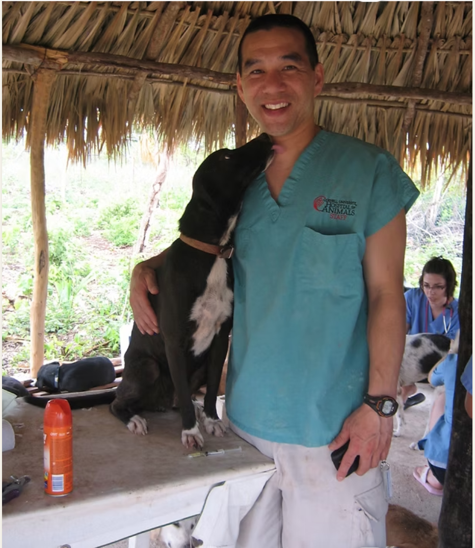 Dr. Paul Maza in teal scrubs smiling with a black-and-white dog at an outdoor clinic under a thatched roof
